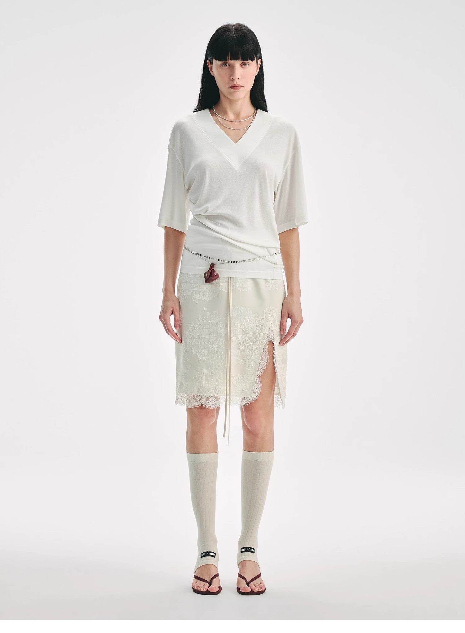 "Lingering Soft Light" Paneled Irregular Lace Straight - Cut Split Skirt - variant_title