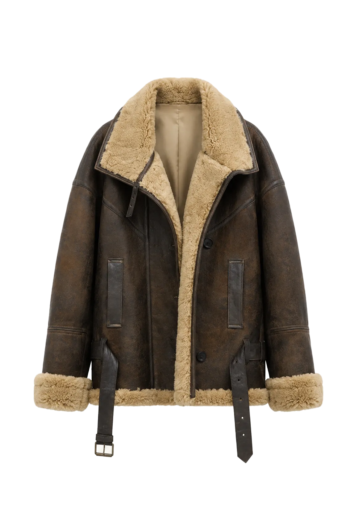 London Street merino shearling motorcycle coat front product view