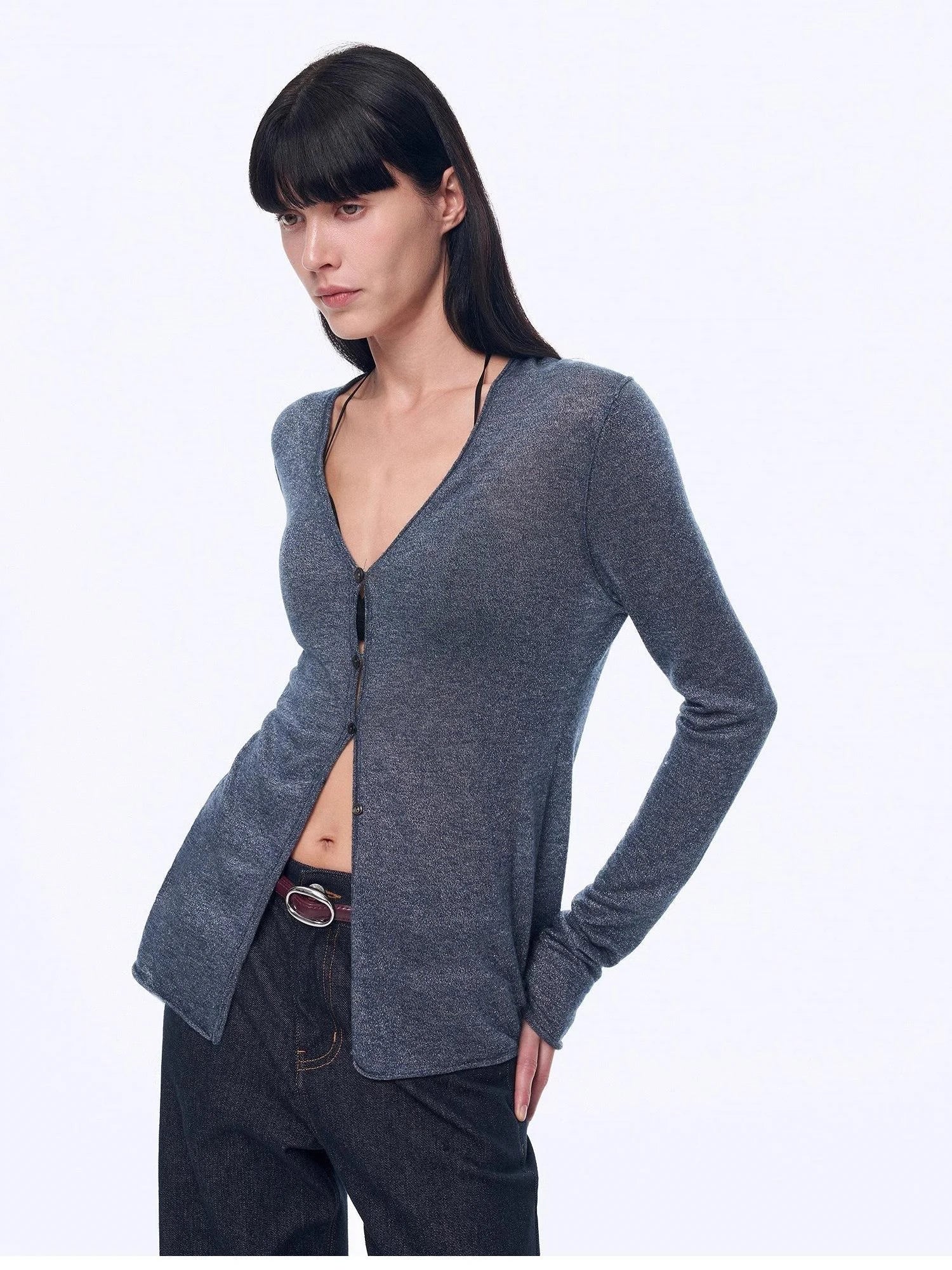 Firelady Fur Long Island Vacation blue V-neck cardigan front detail on model
