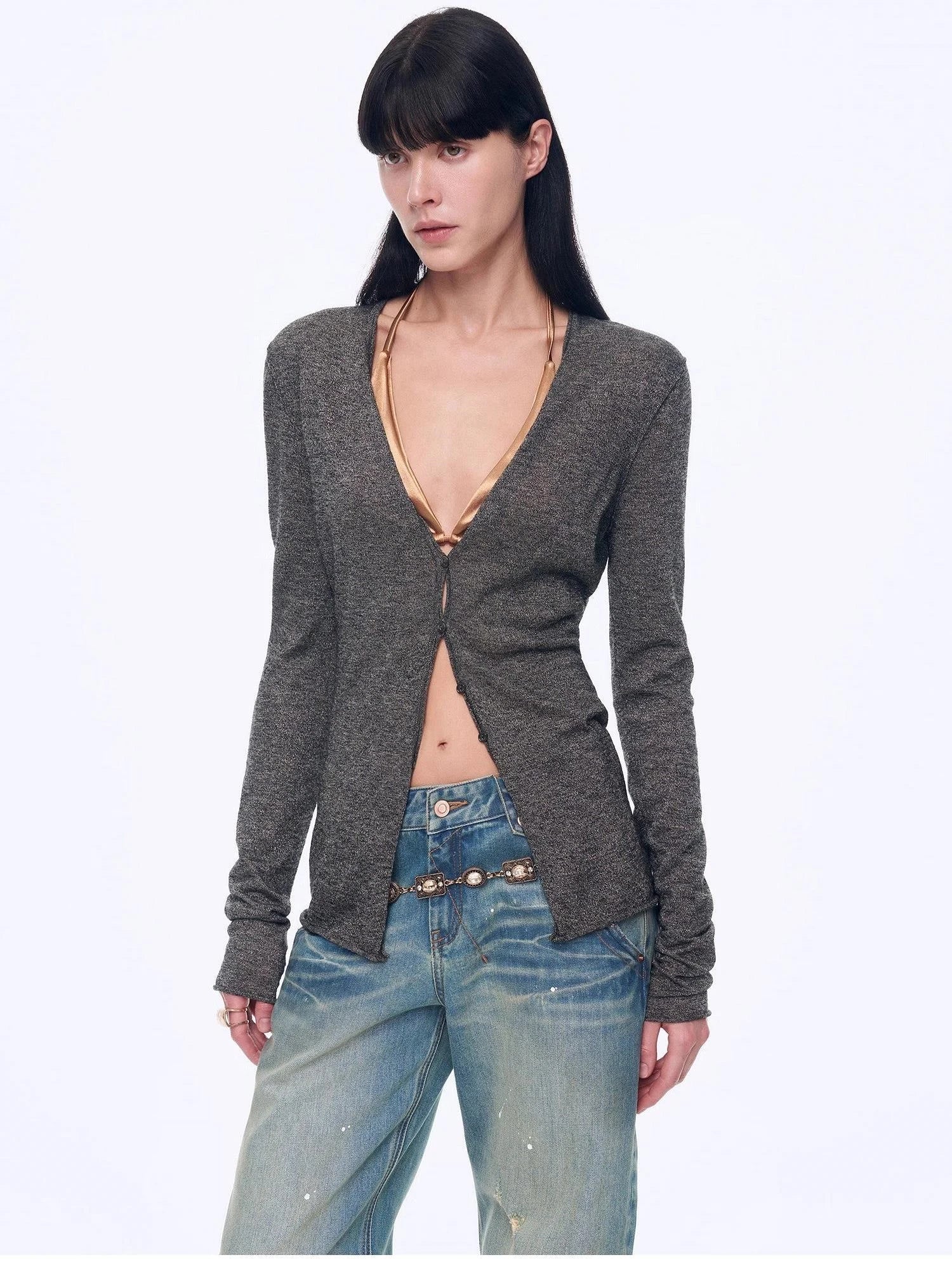 Firelady Fur Long Island Vacation flower gray V-neck cardigan front detail on model