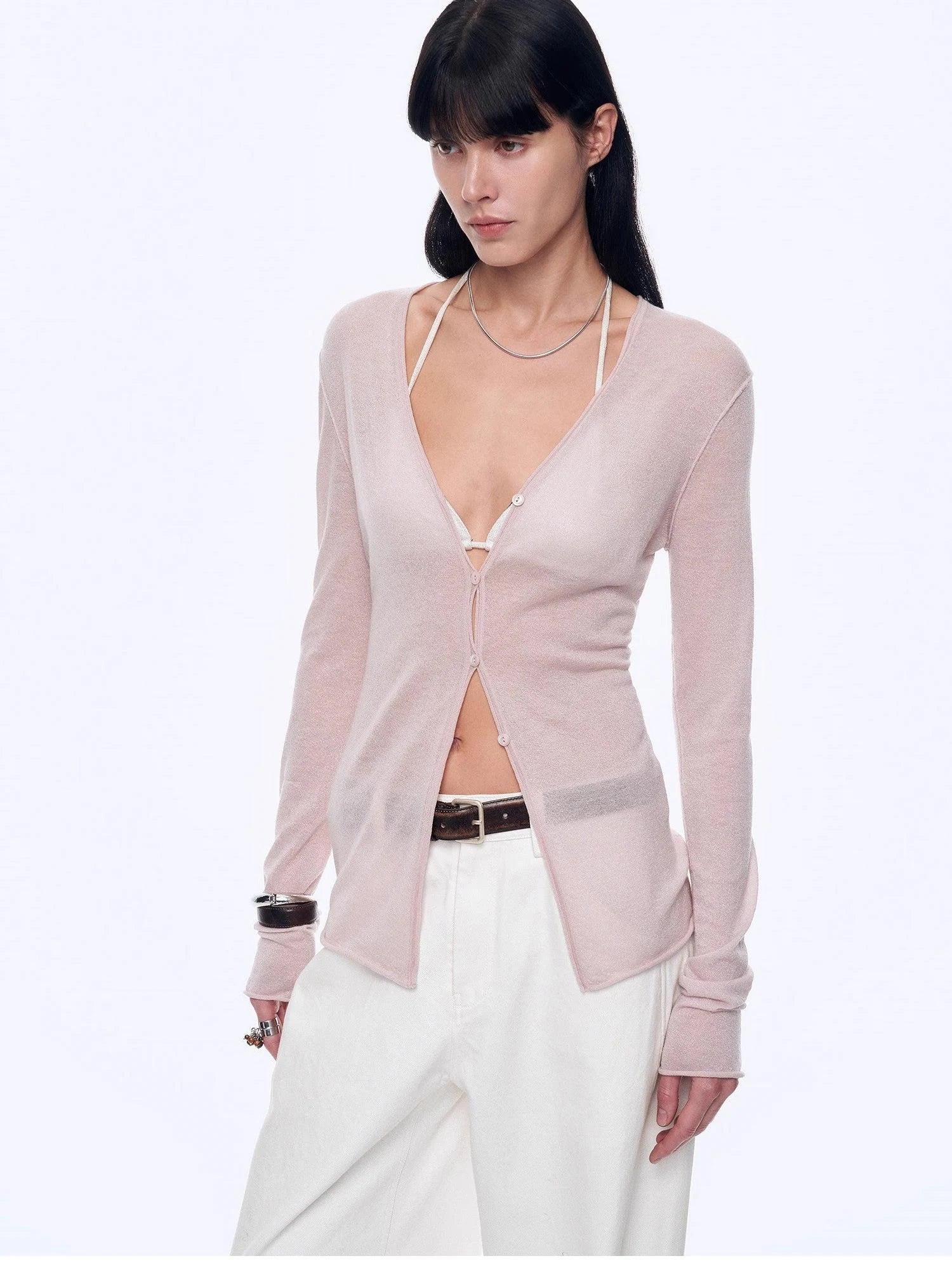 Firelady Fur Long Island Vacation pink V-neck cardigan front detail on model