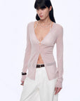 Firelady Fur Long Island Vacation pink V-neck cardigan front detail on model