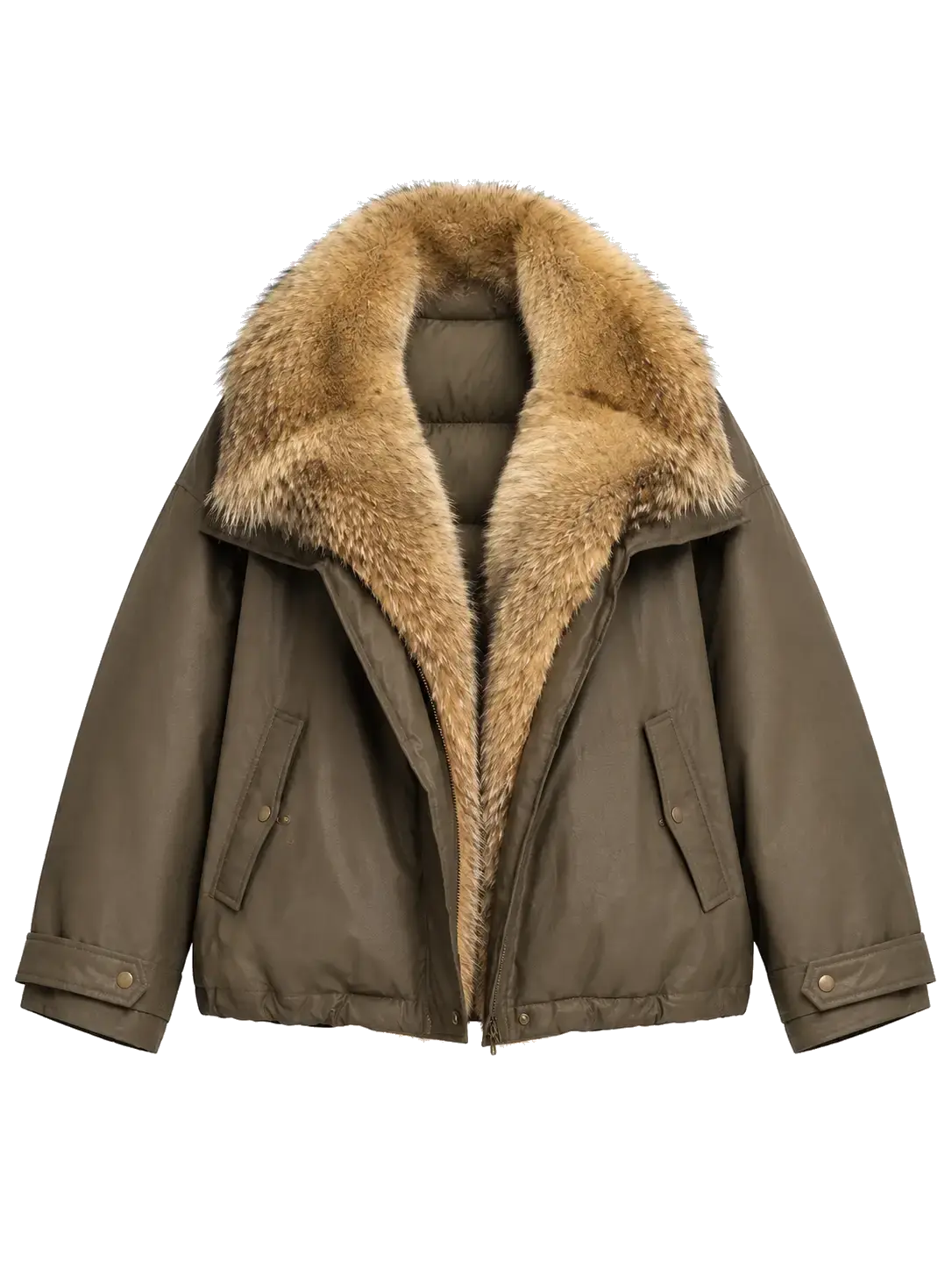 Firelady Fur The Long Night Is Coming Greenish-Brown fur down parka front cutout