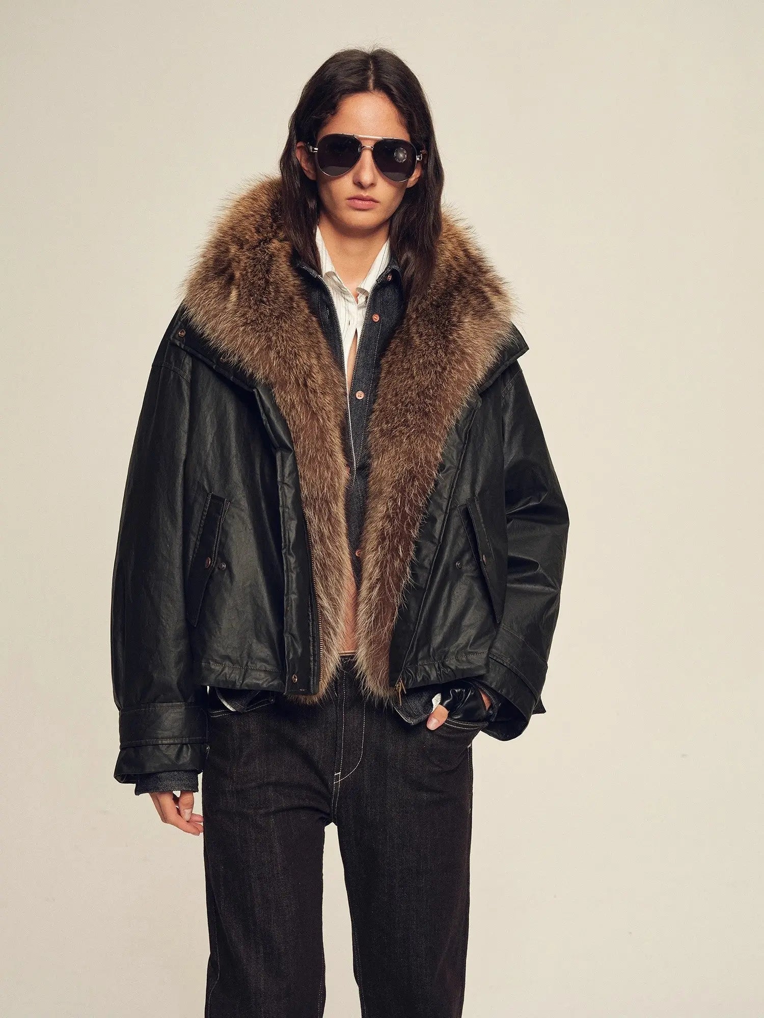 Model wearing Firelady Fur The Long Night Is Coming Black wolf fur down parka front view