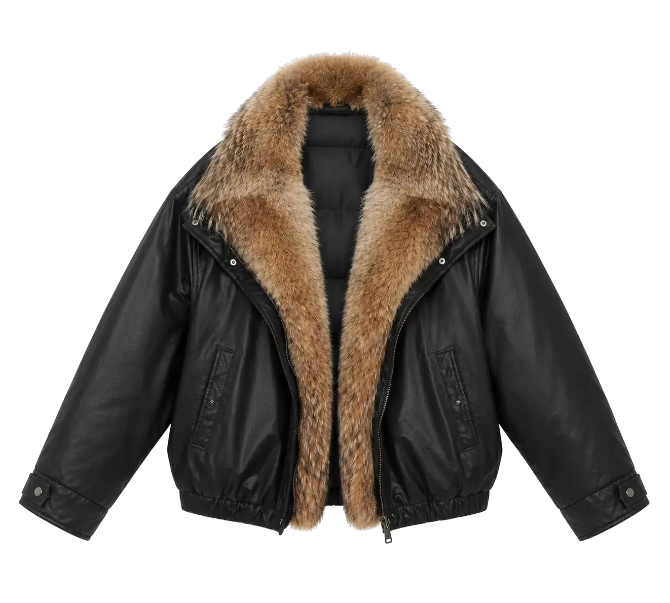 Firelady Fur The Long Night Is Coming Black down parka with light fur collar front cutout