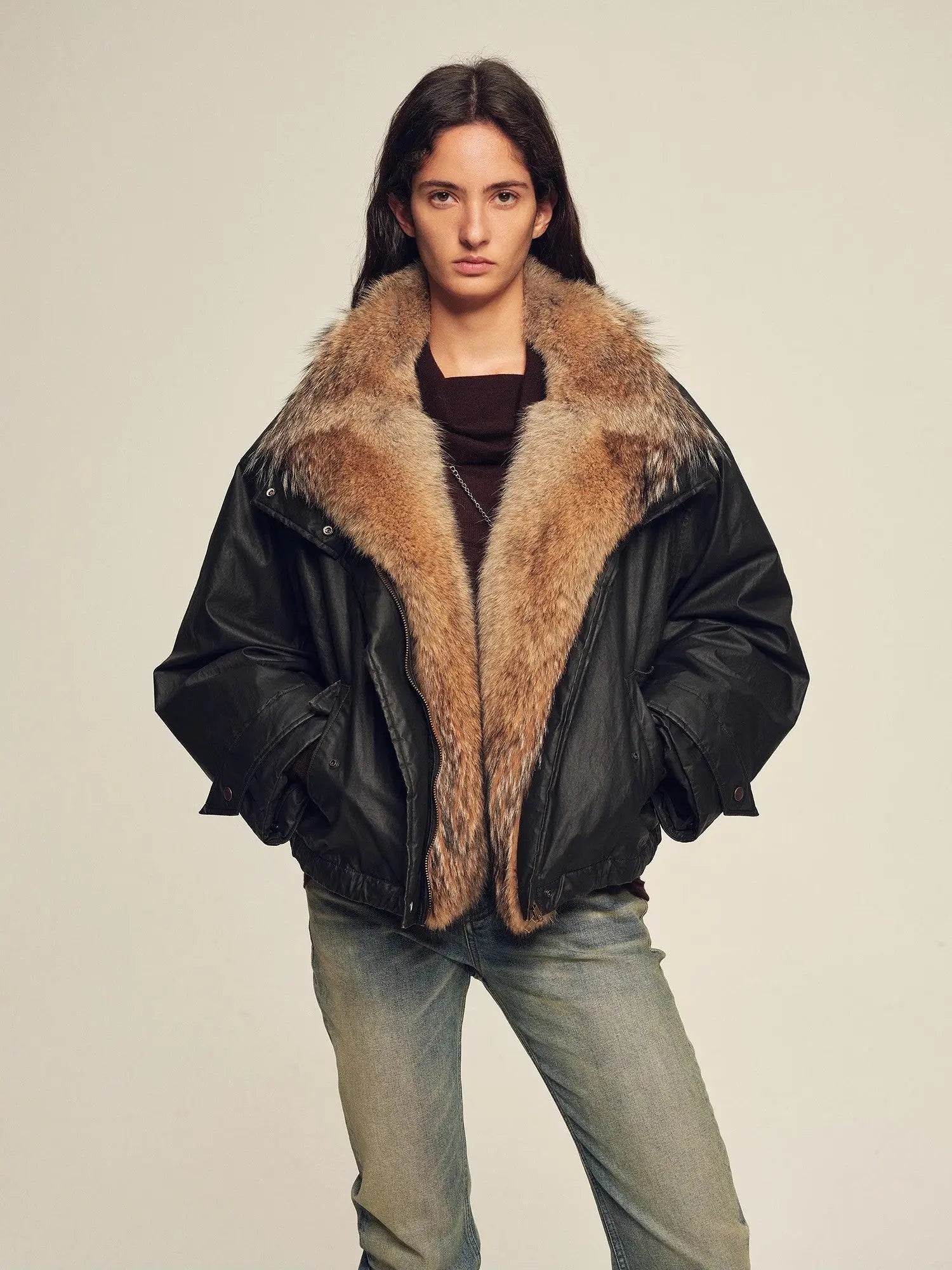 Model wearing Firelady Fur The Long Night Is Coming Black fur collar down parka front view