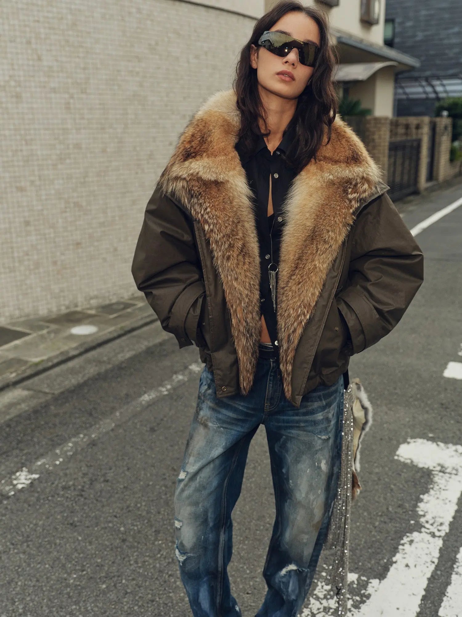 Outdoor model view of Firelady Fur The Long Night Is Coming Greenish-Brown fur down parka