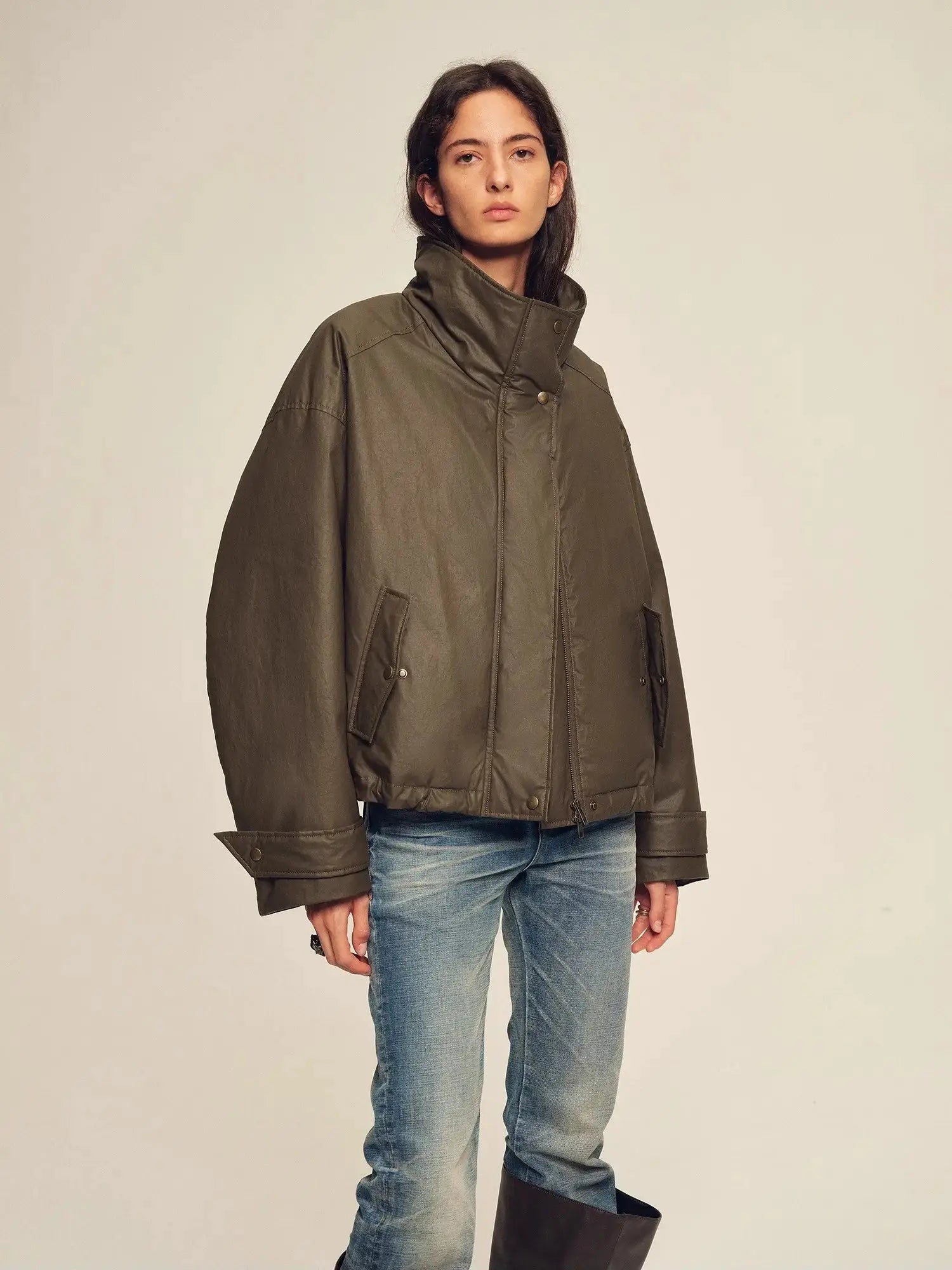 Model wearing Firelady Fur The Long Night Is Coming Greenish-Brown parka without fur collar