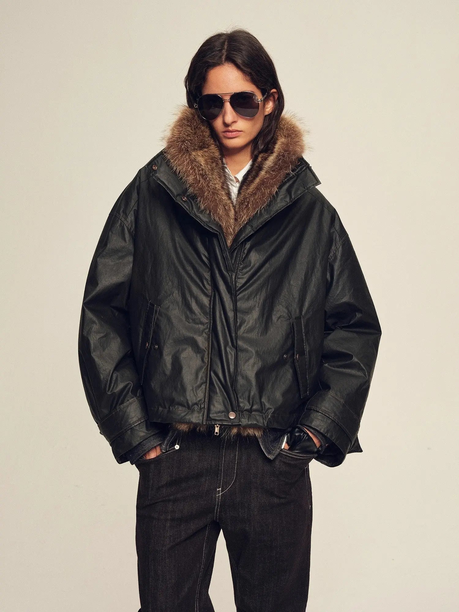 Front model view of Firelady Fur The Long Night Is Coming Black hooded fur down parka