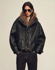 Front model view of Firelady Fur The Long Night Is Coming Black hooded fur down parka