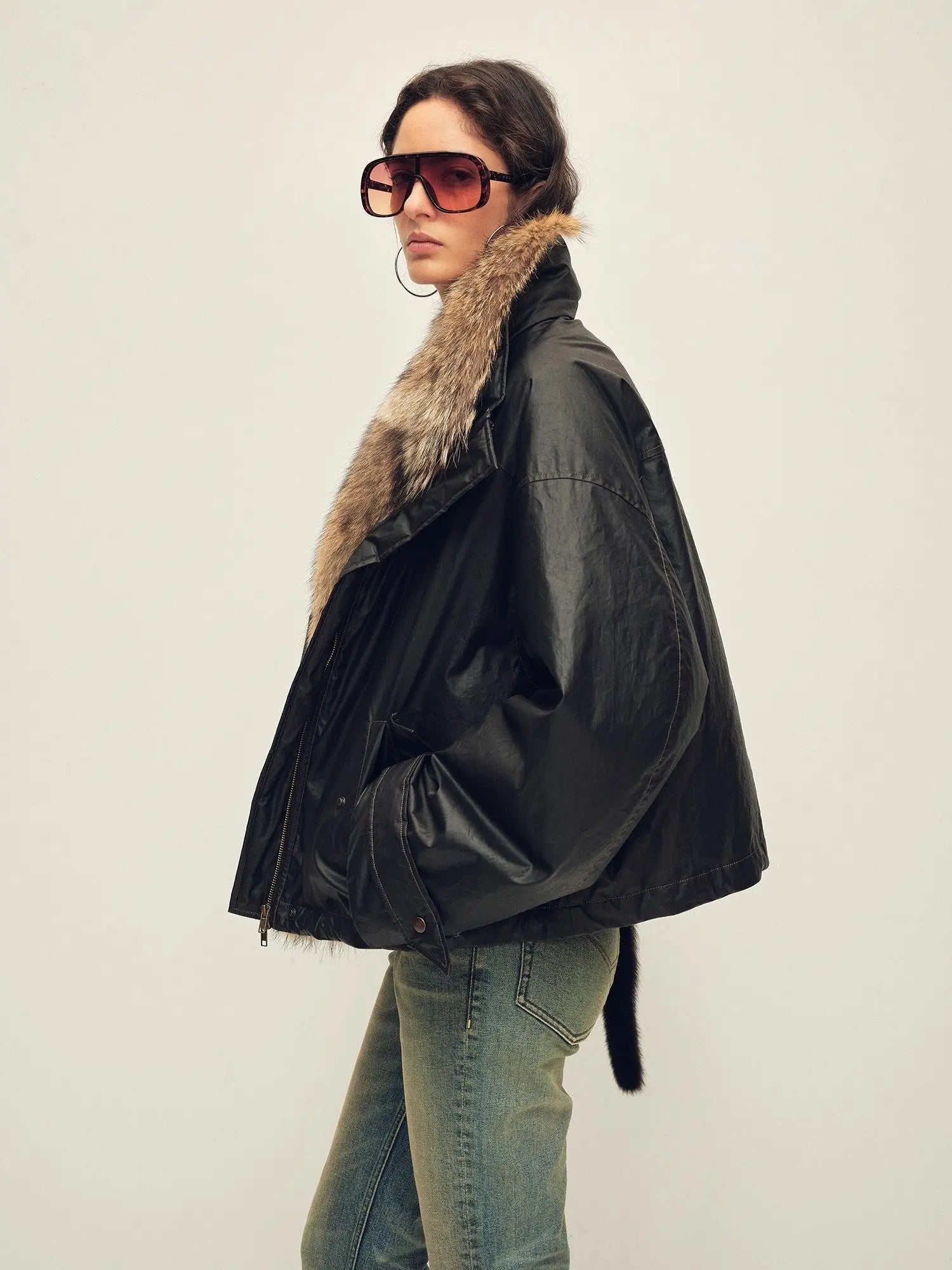 Side model view of Firelady Fur The Long Night Is Coming Black fur collar down parka