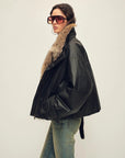 Side model view of Firelady Fur The Long Night Is Coming Black fur collar down parka