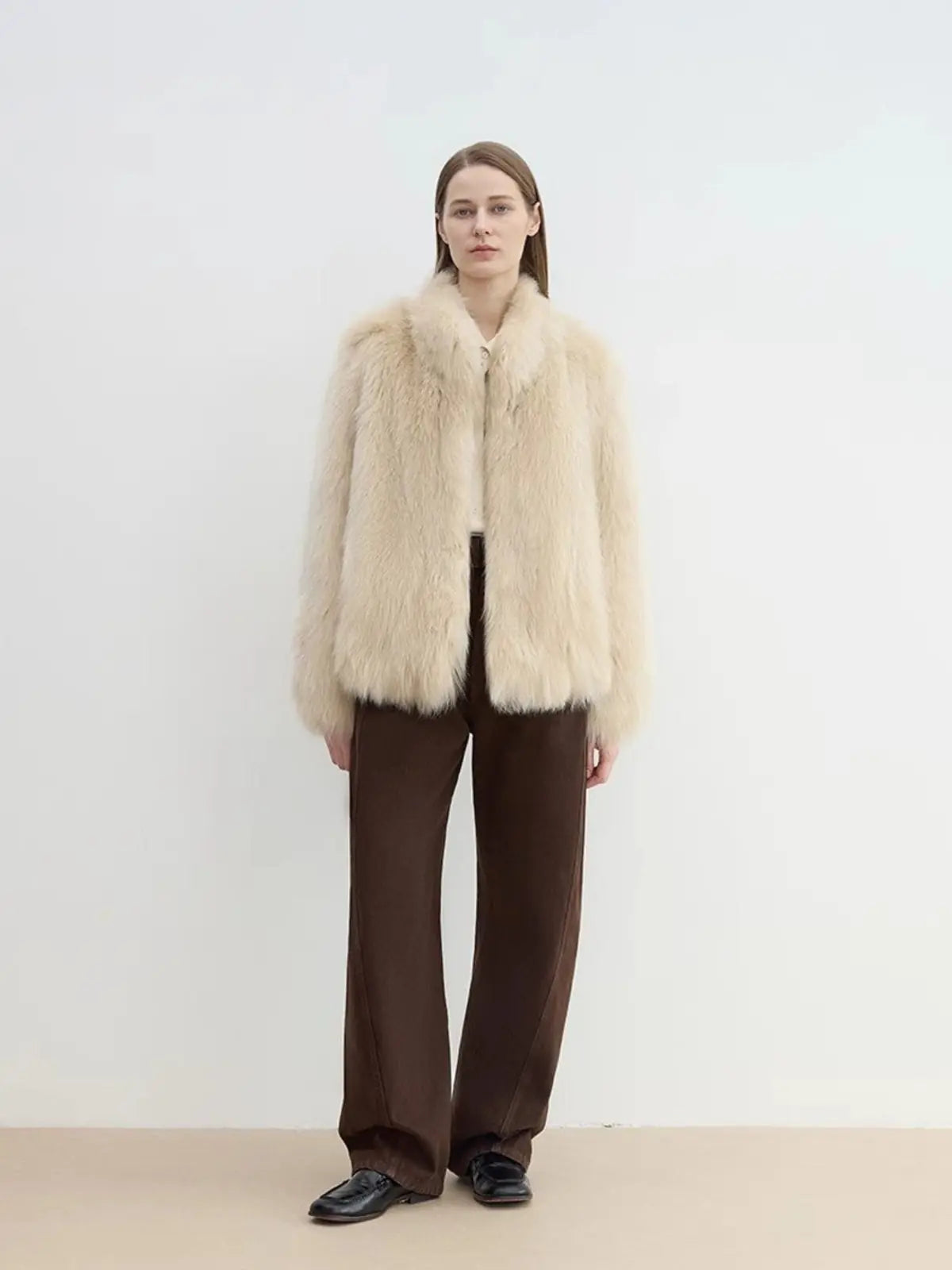 Long Nocturne apricot Saga fox fur coat full-length model view