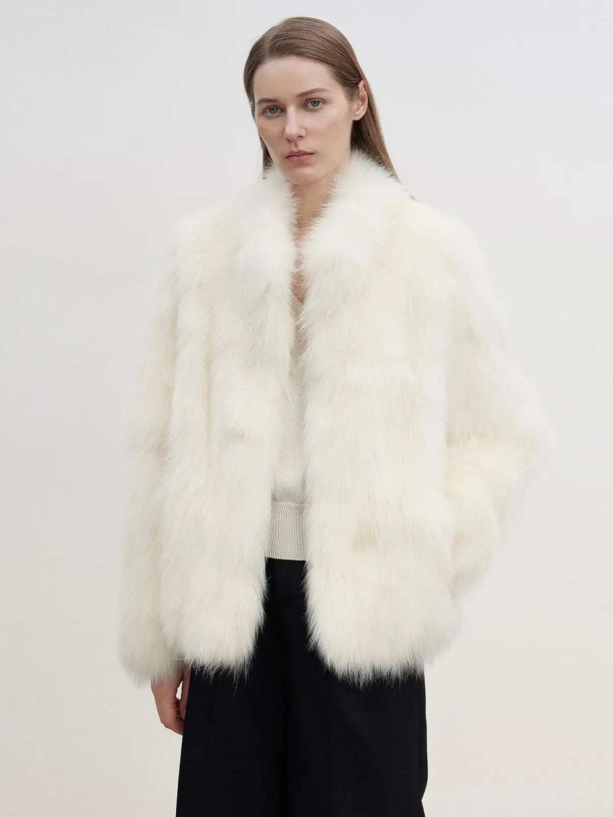 Long Nocturne off-white Saga fox fur coat on model