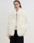 Long Nocturne off-white Saga fox fur coat on model
