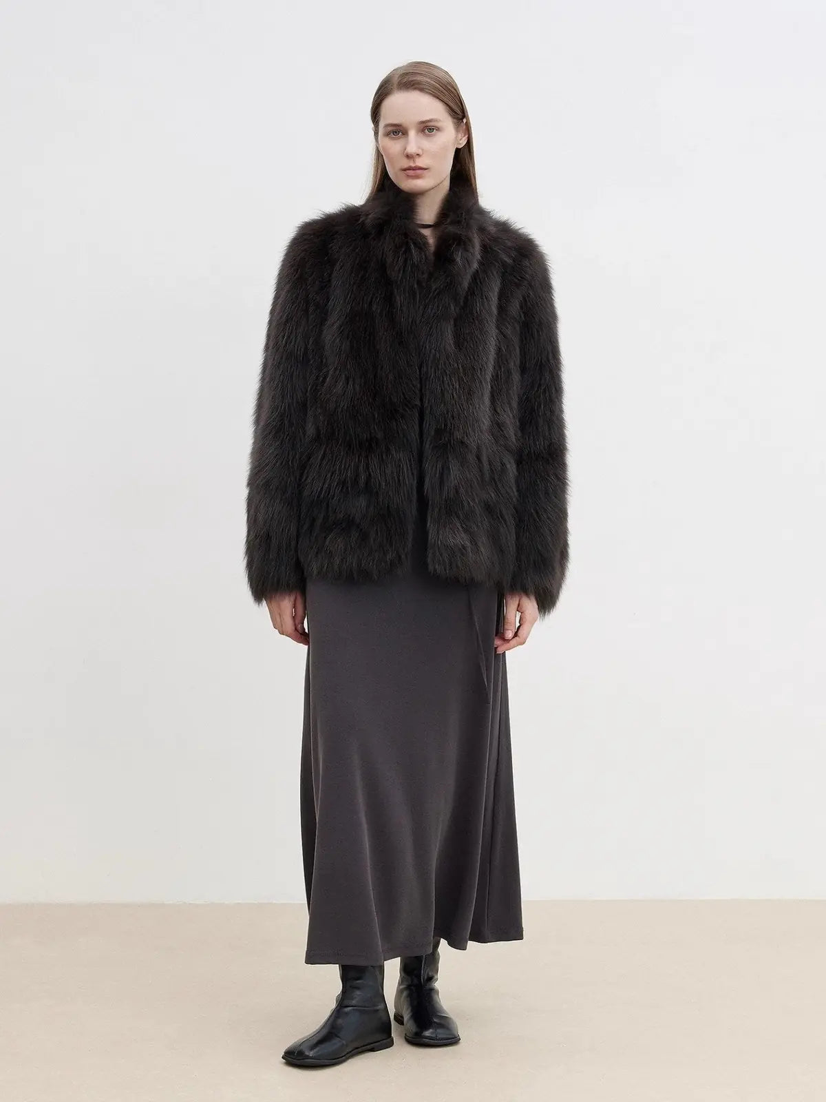 Long Nocturne reddish brown Saga fox fur coat full-length model view