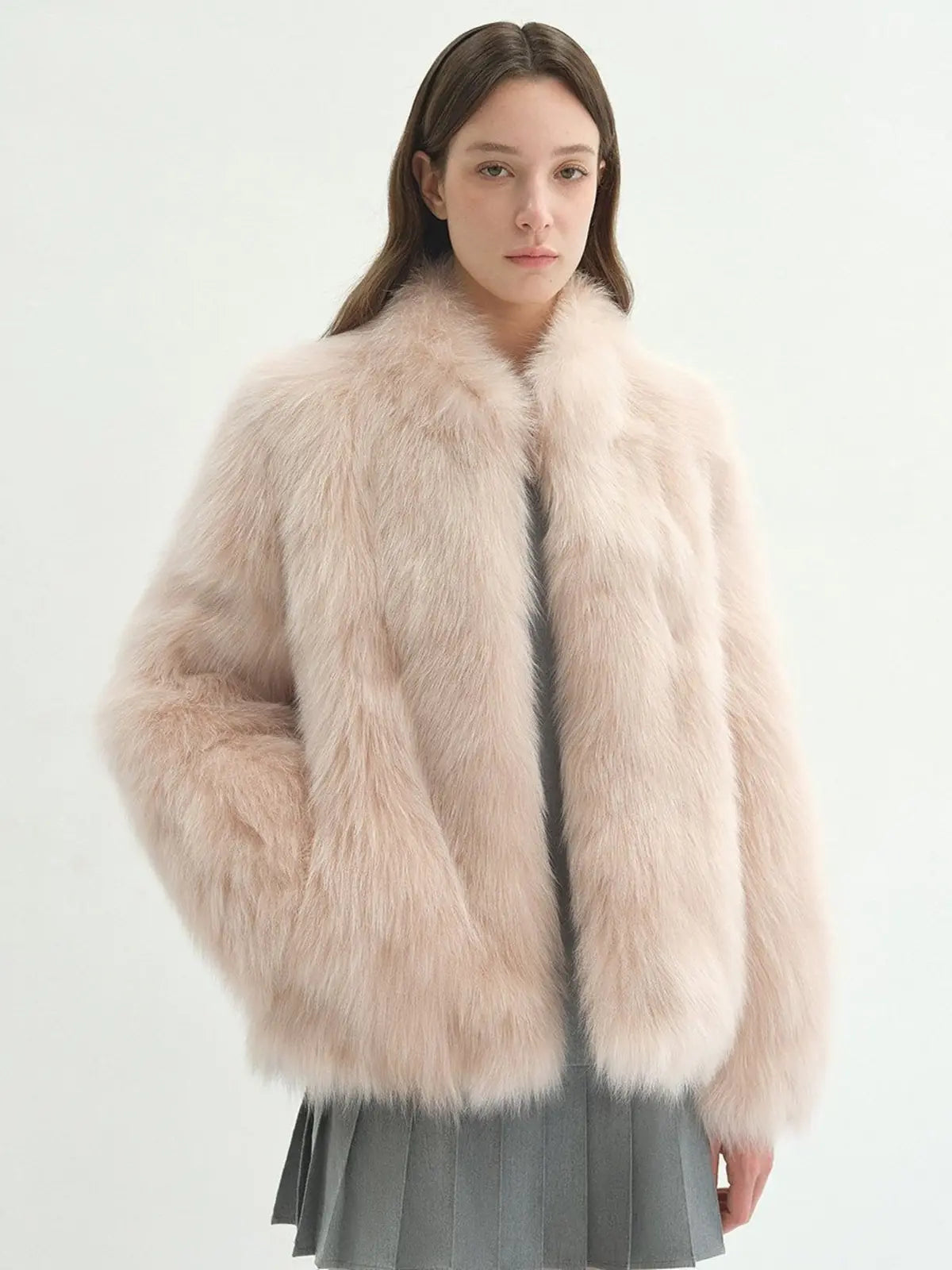 Long Nocturne pink Saga fox fur coat on model