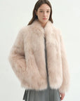 Long Nocturne pink Saga fox fur coat on model