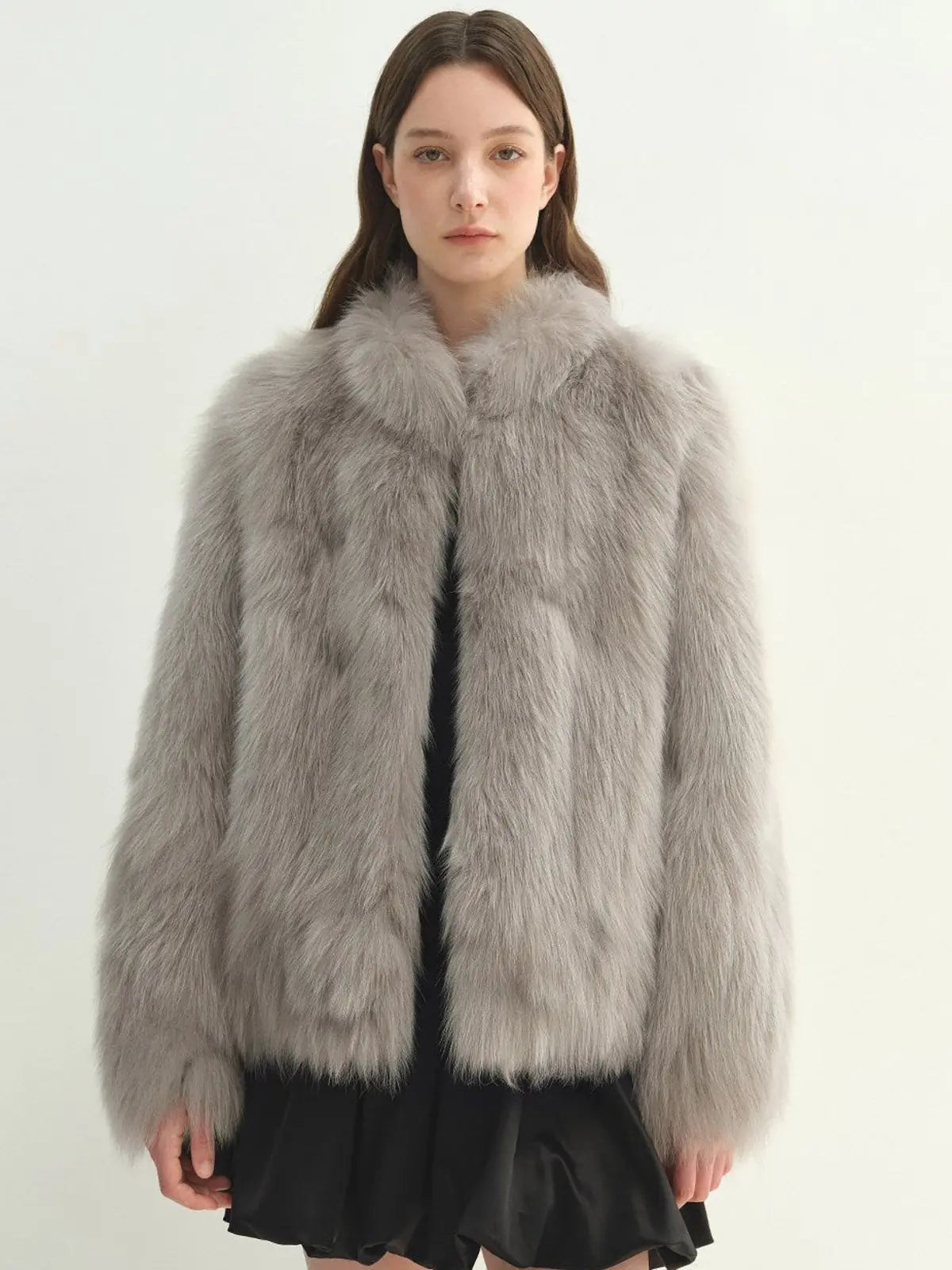 Long Nocturne frost gray Saga fox fur coat on model