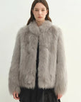 Long Nocturne frost gray Saga fox fur coat on model