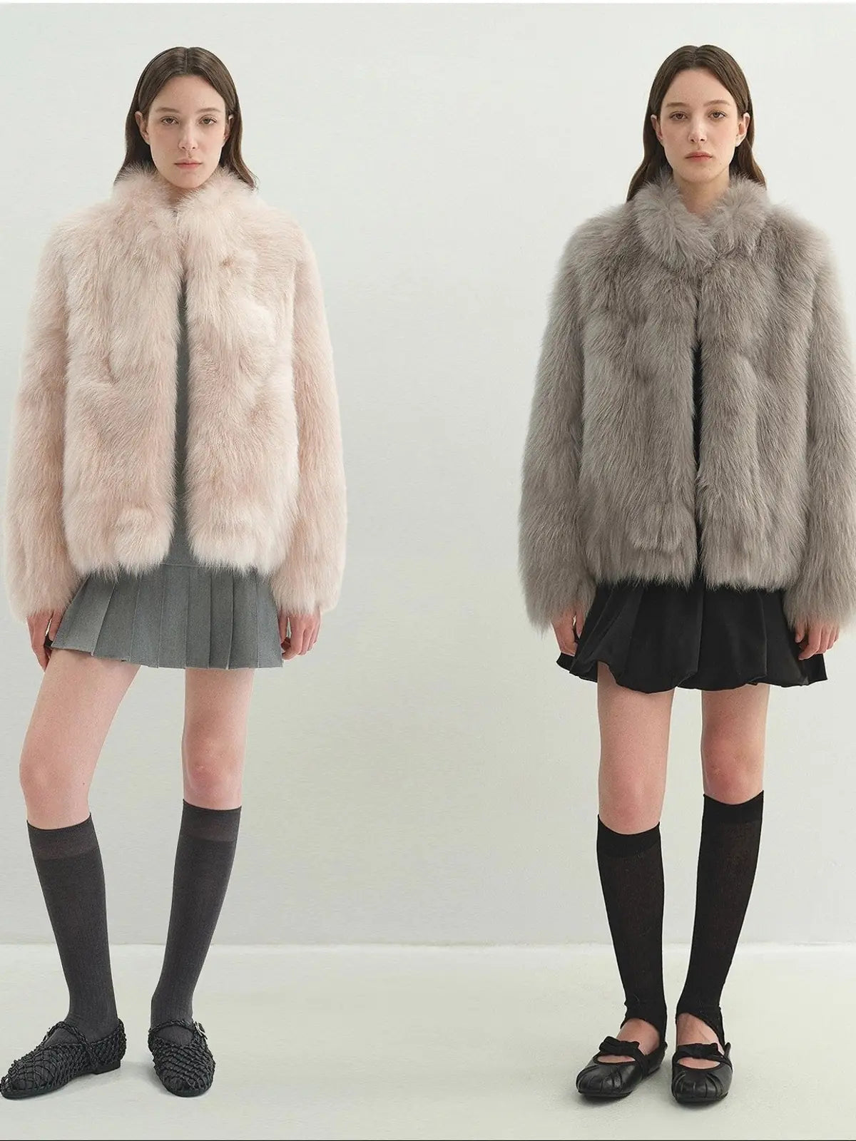 Long Nocturne pink and frost gray fox fur coat color comparison