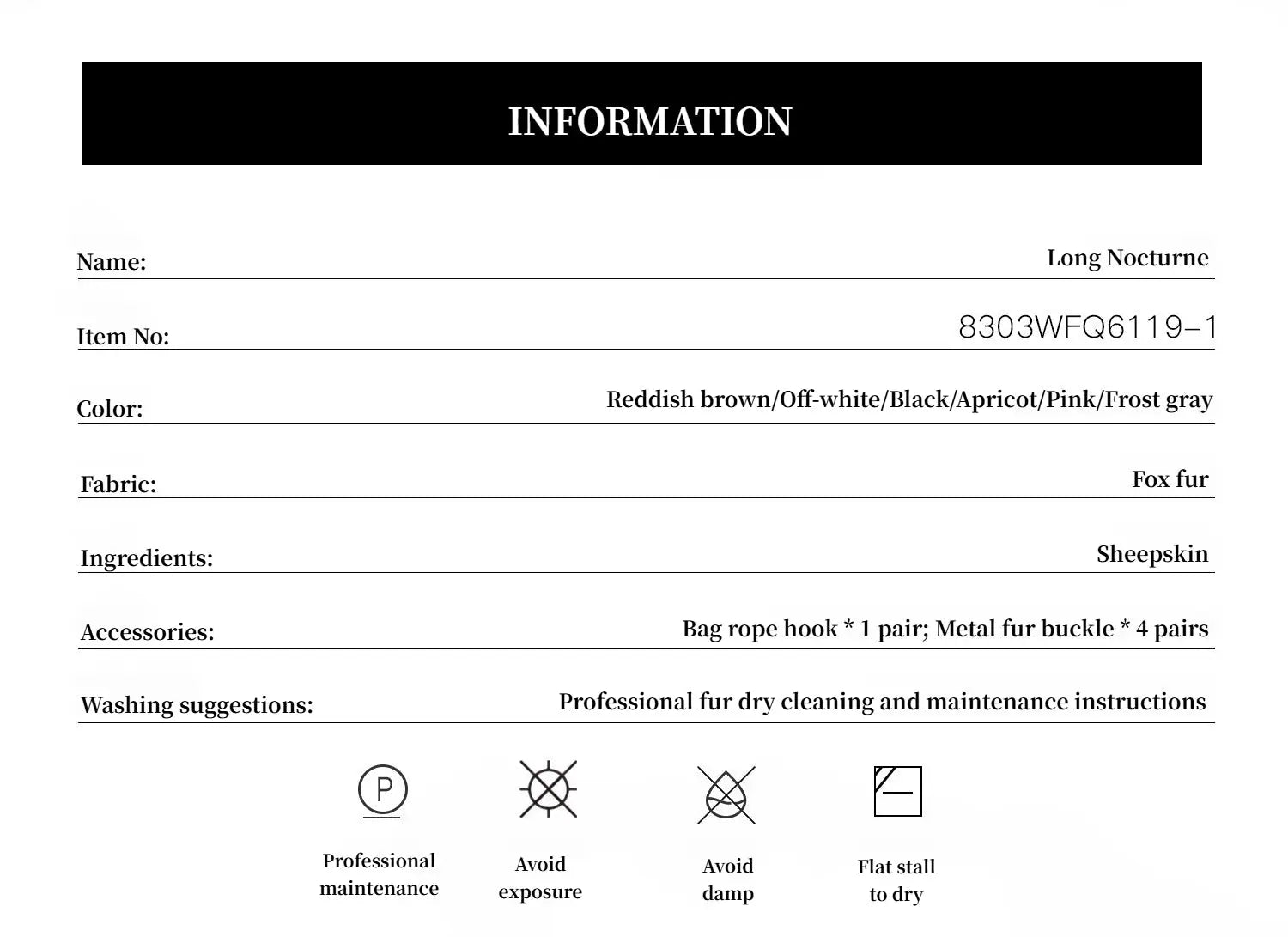 Long Nocturne Saga fox fur coat material and care information