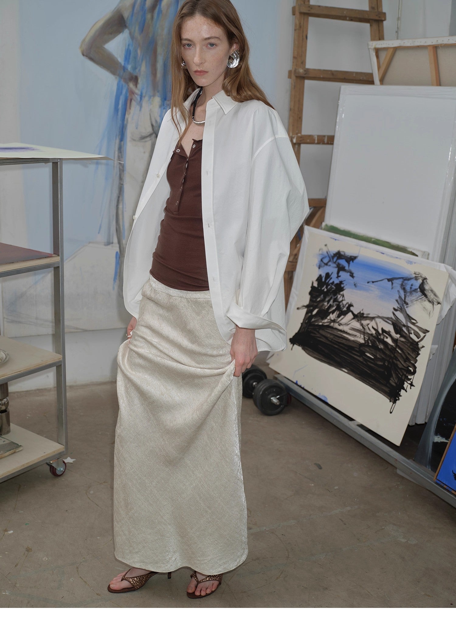 Loose casual standing straight silhouette deconstructed waist shirt “Moonlight Vermilion” - variant_title