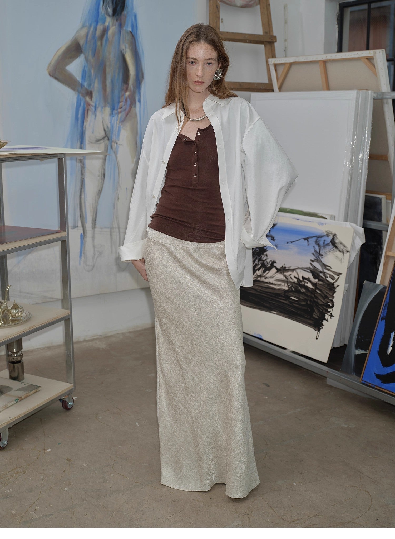 Loose casual standing straight silhouette deconstructed waist shirt “Moonlight Vermilion” - variant_title