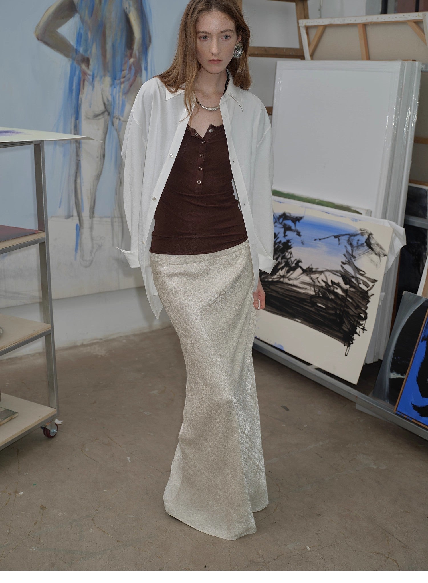Loose casual standing straight silhouette deconstructed waist shirt “Moonlight Vermilion” - variant_title
