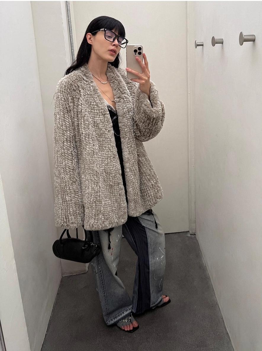 Loose - fitting two - tone gradient - dyed long woven Rex rabbit fur coat "Artistic Weaving" - variant_title