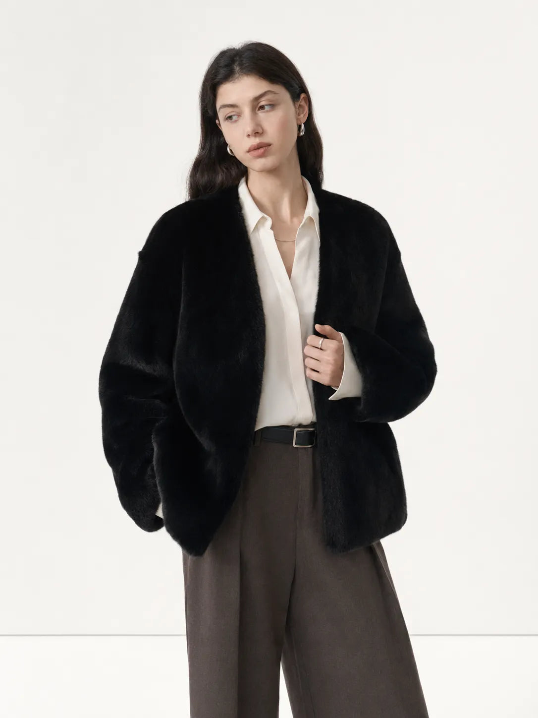 Louvre II Blackglama mink short coat on model, front view