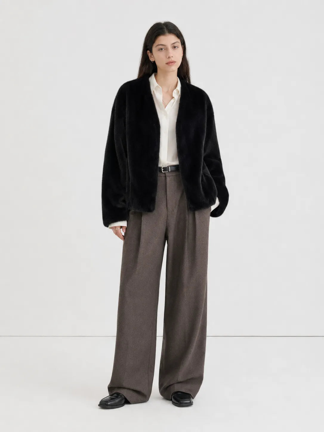 Louvre II Blackglama mink short coat full-length styling view