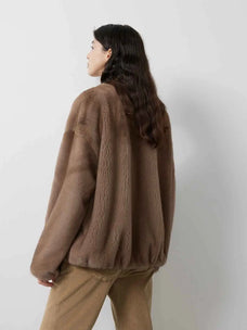 Back model view of Fireladyfur Louvre Pastel Natural mink V-neck jacket
