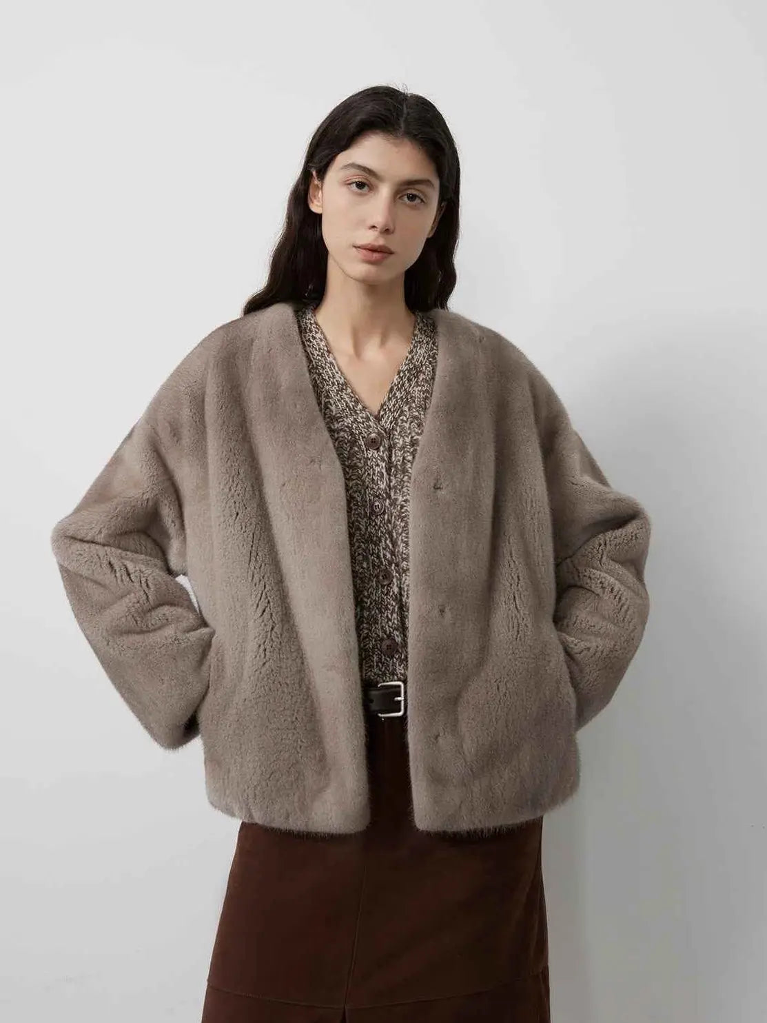 Model wearing Fireladyfur Louvre Sapphire Natural mink V-neck jacket front view