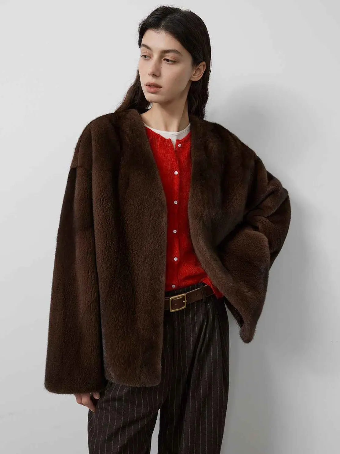 Model wearing Fireladyfur Louvre Coffee Natural mink V-neck jacket front view