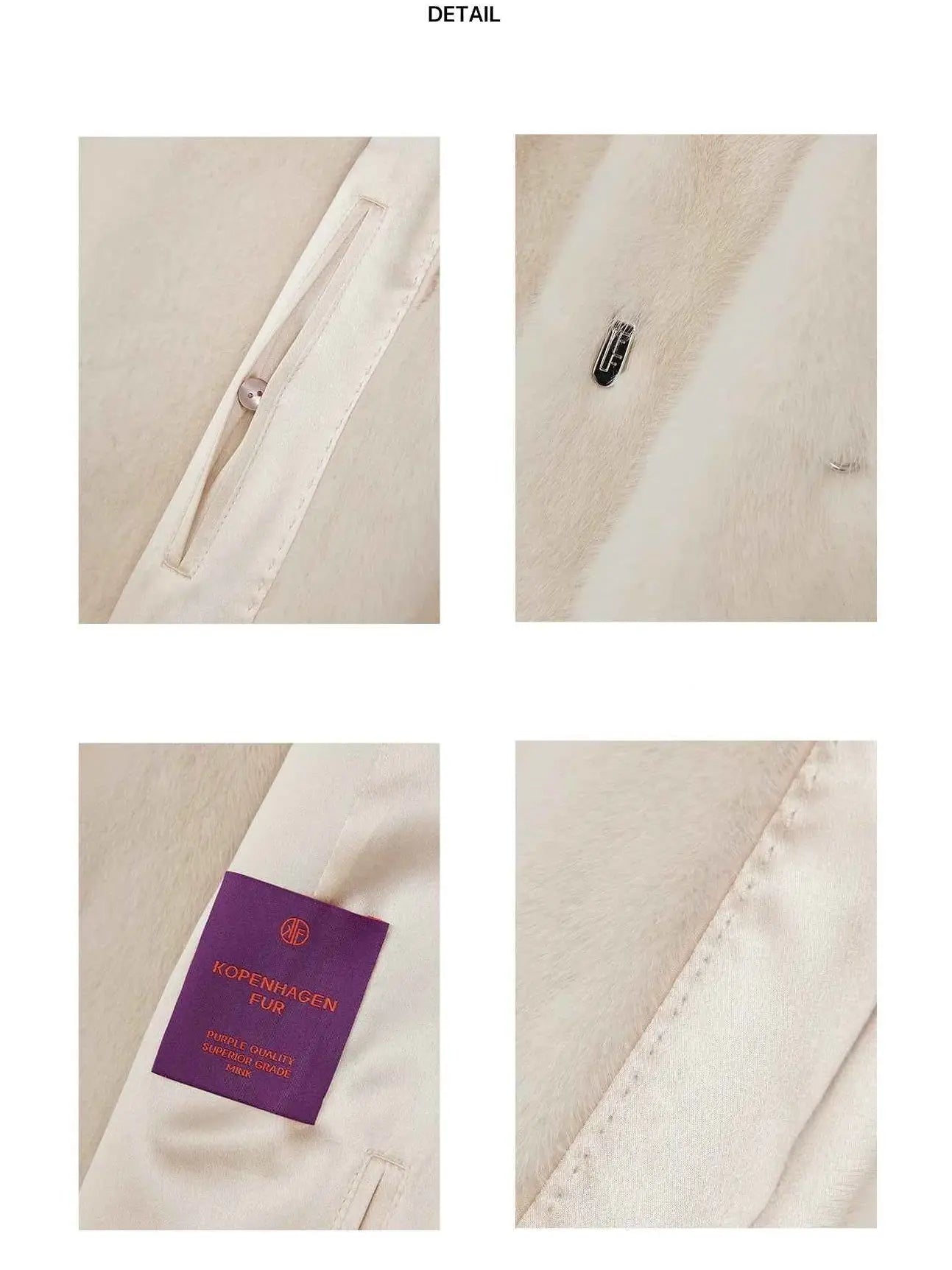 Fireladyfur Louvre mink V-neck jacket zipper label lining and fur material details