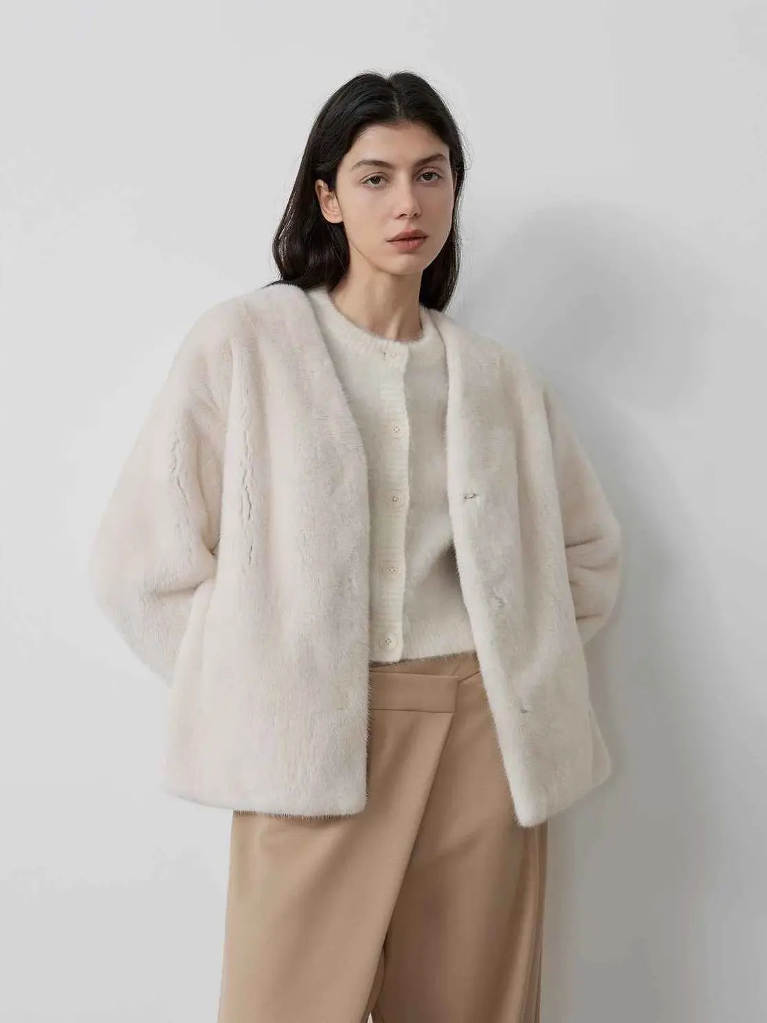 Louvre II Pearl Beige mink short coat on model, front view