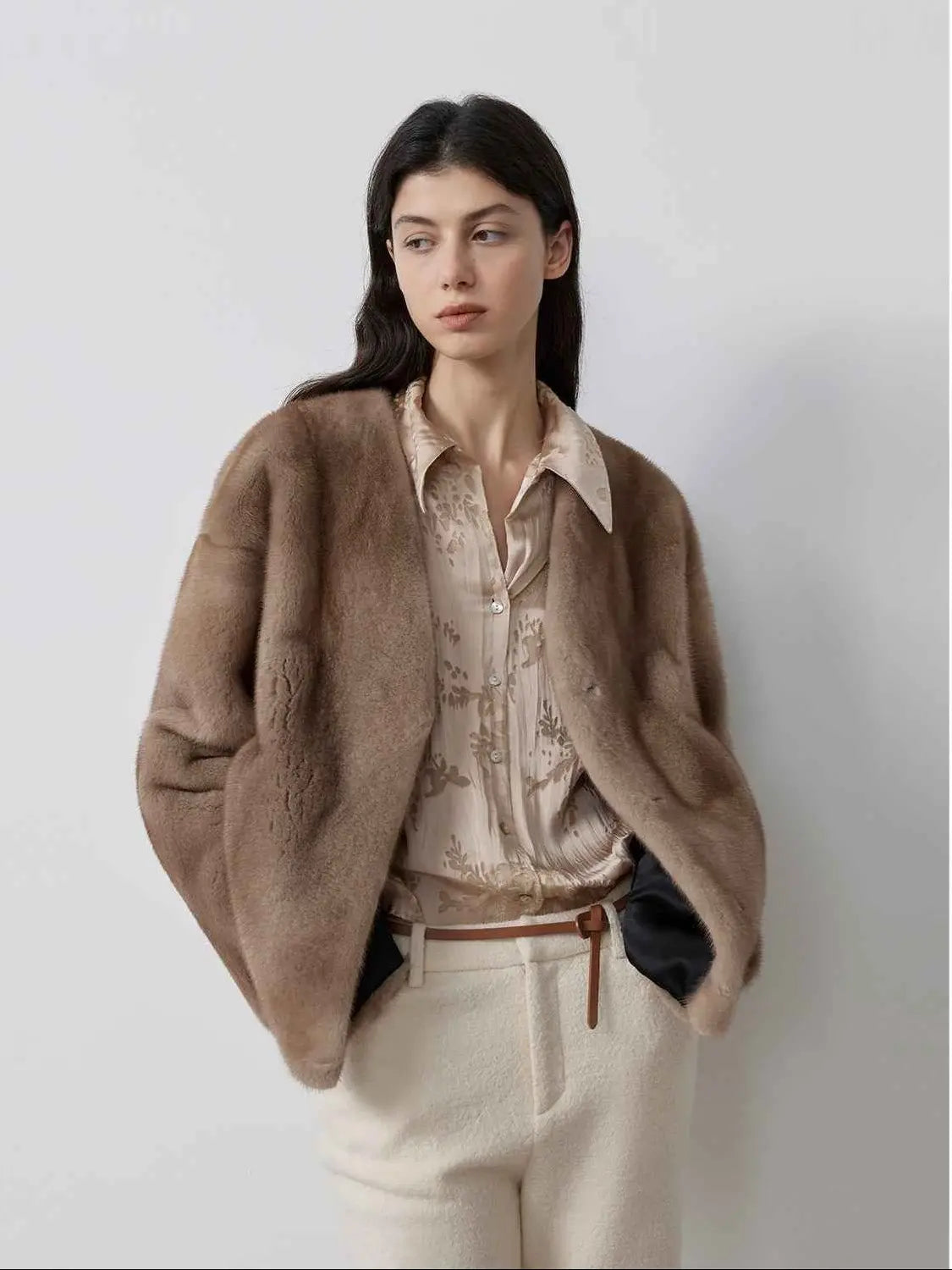 Louvre II Pastel mink short coat on model, front view