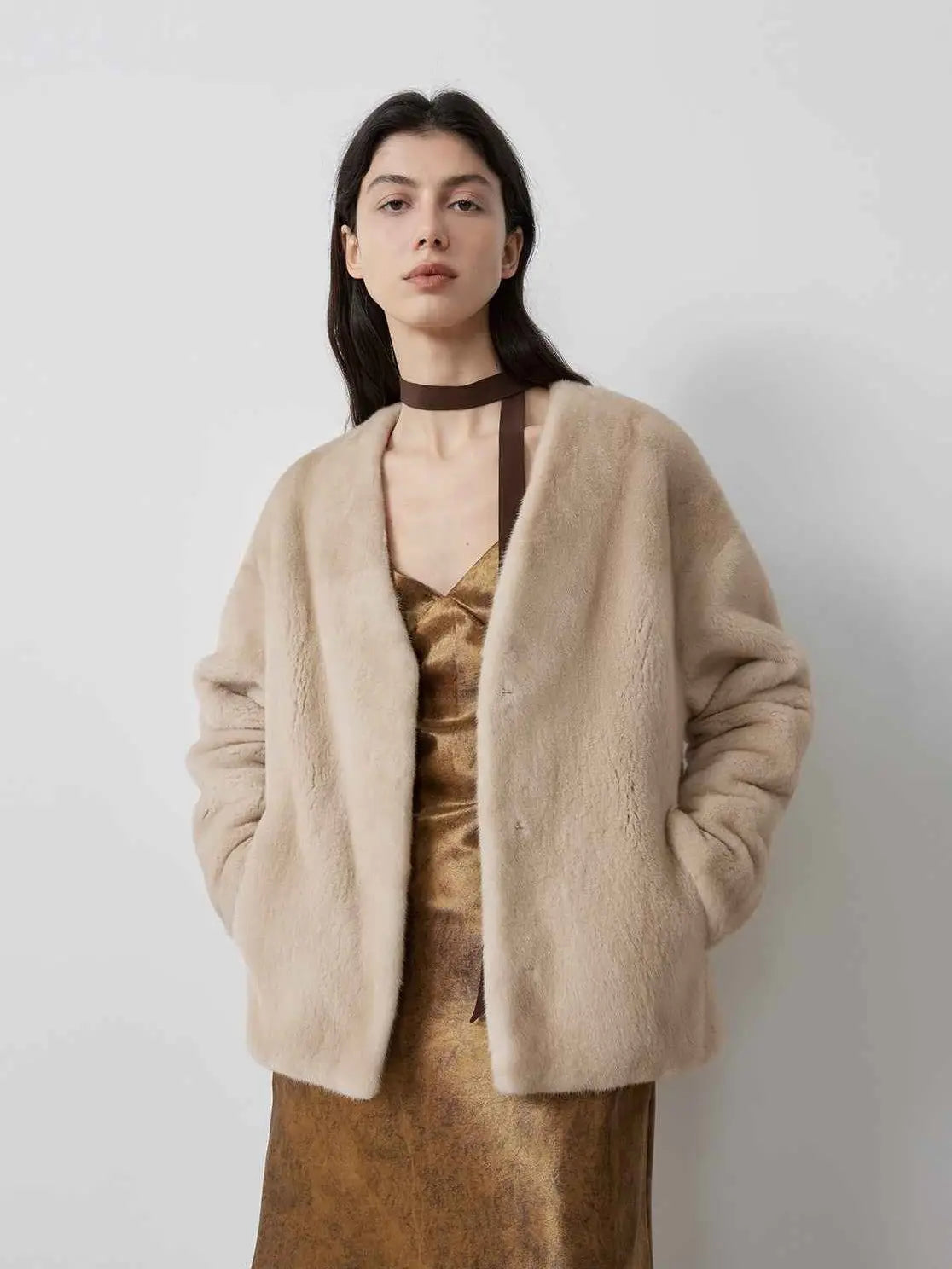Louvre II Palomino mink short coat on model, front view