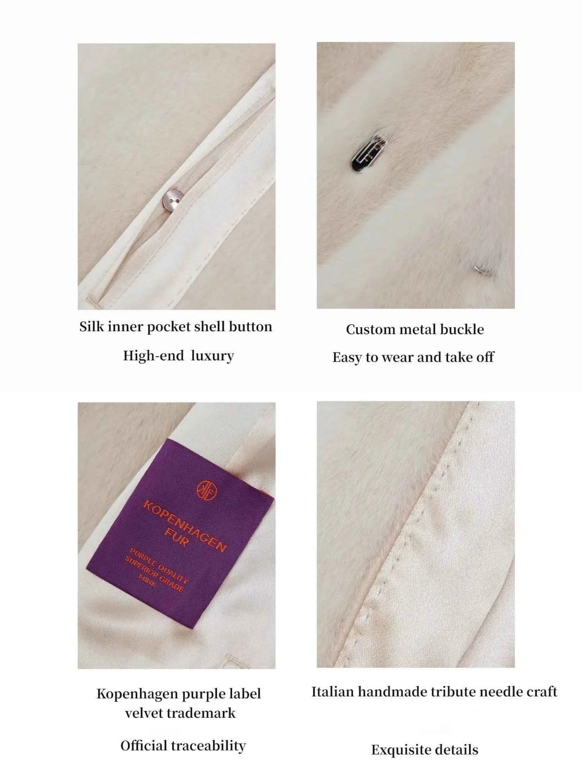 Louvre II mink coat silk lining, button and Kopenhagen Fur label details
