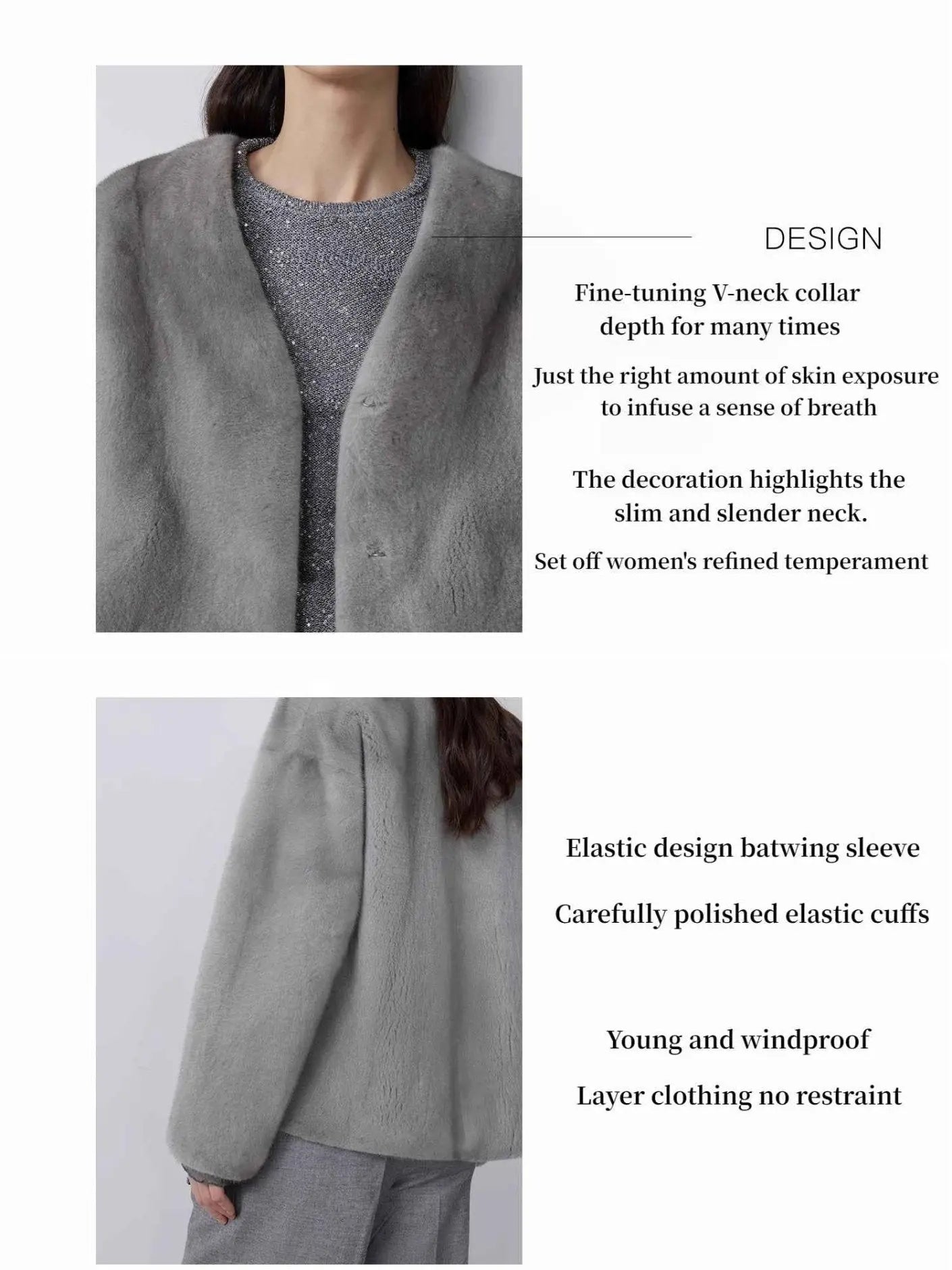 Louvre II mink short coat V-neck and batwing sleeve design details