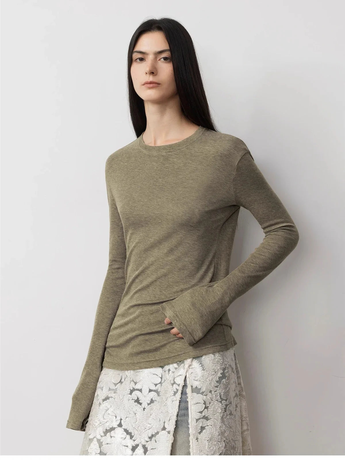 Lyocell wool stretch long sleeve T-shirt coffee front view