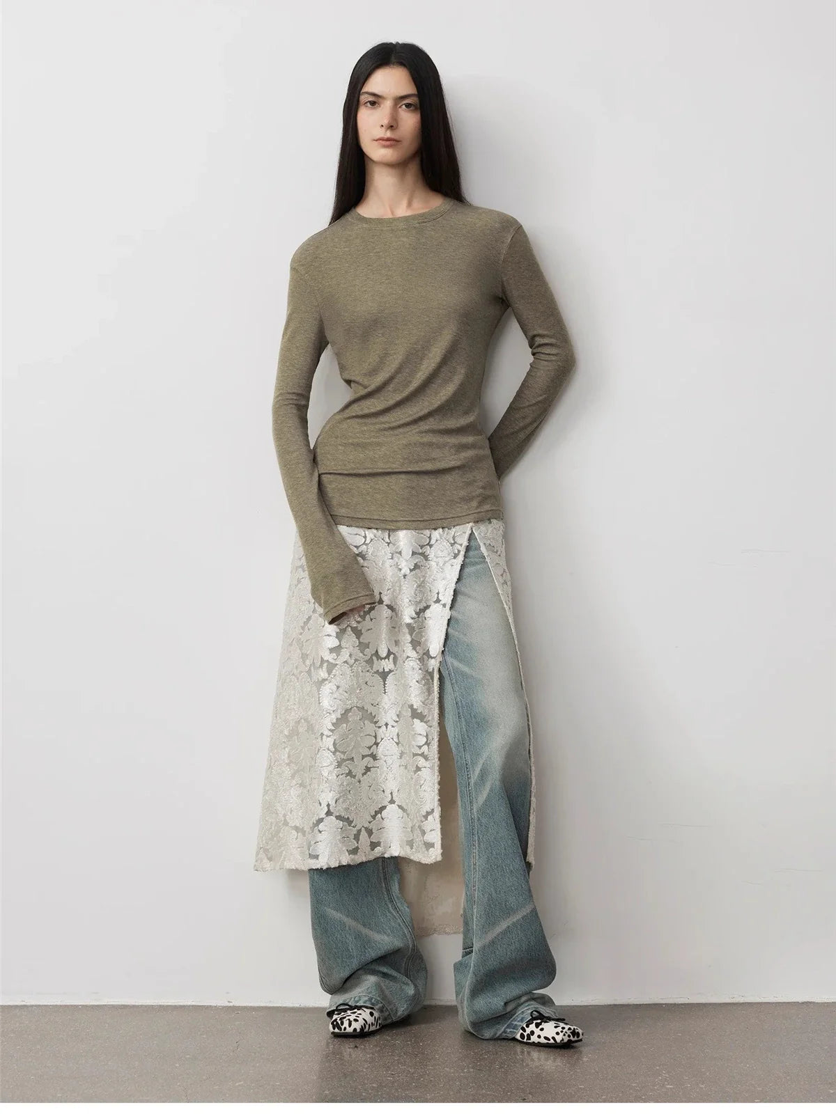 Lyocell wool stretch long sleeve T-shirt coffee full front view