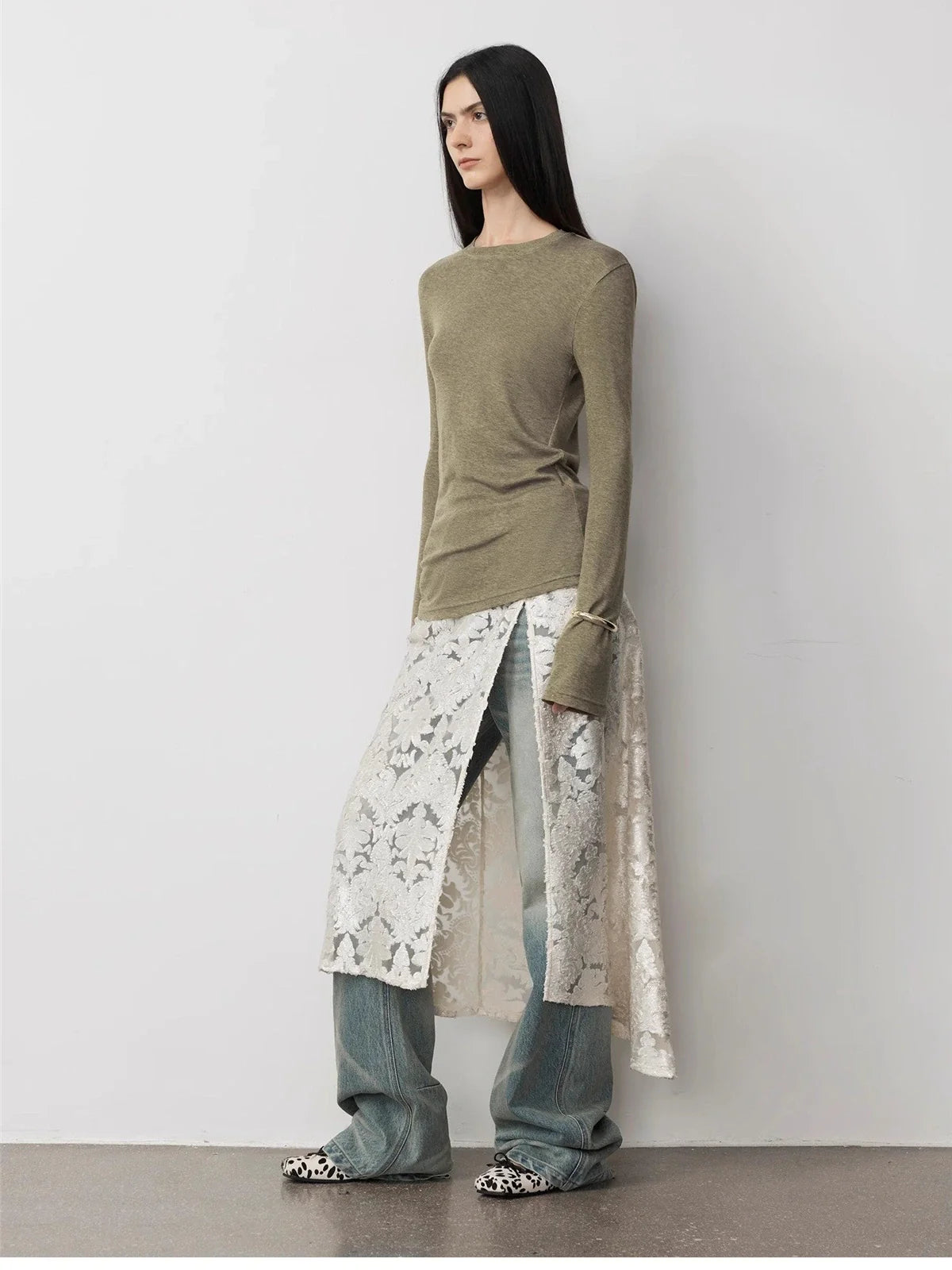 Lyocell wool stretch long sleeve T-shirt coffee side view
