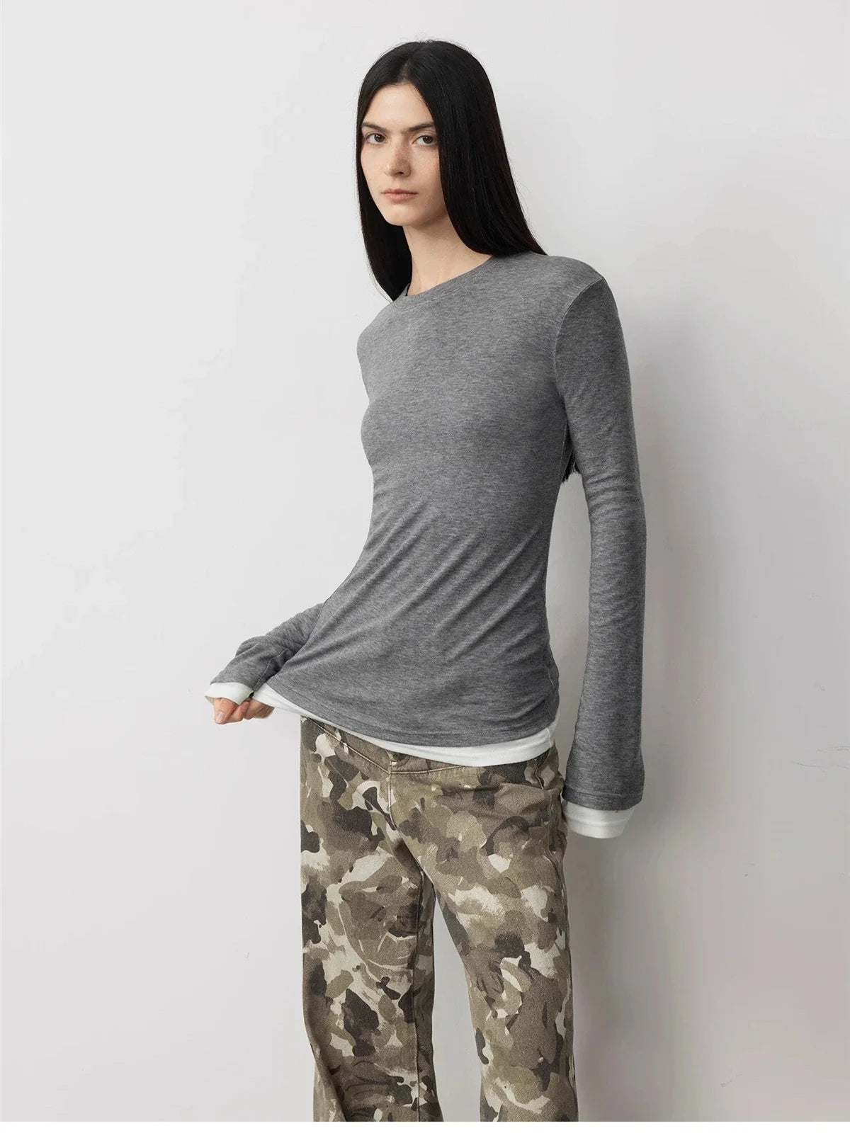 Lyocell wool stretch long sleeve T-shirt dark gray front view