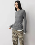 Lyocell wool stretch long sleeve T-shirt dark gray front view