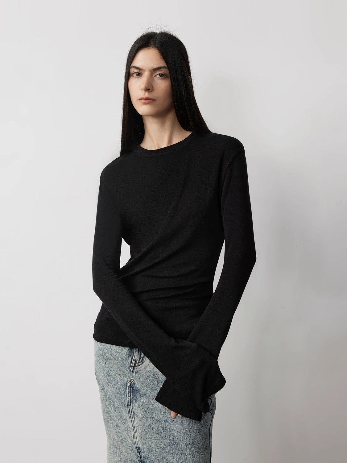 Lyocell wool stretch comfortable breathable fit minimalist solid color long - sleeved T-shirt - variant_title