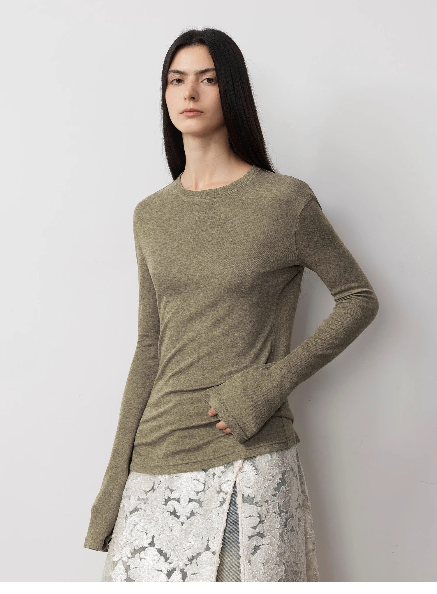 Lyocell wool stretch comfortable breathable fit minimalist solid color long - sleeved T-shirt - variant_title