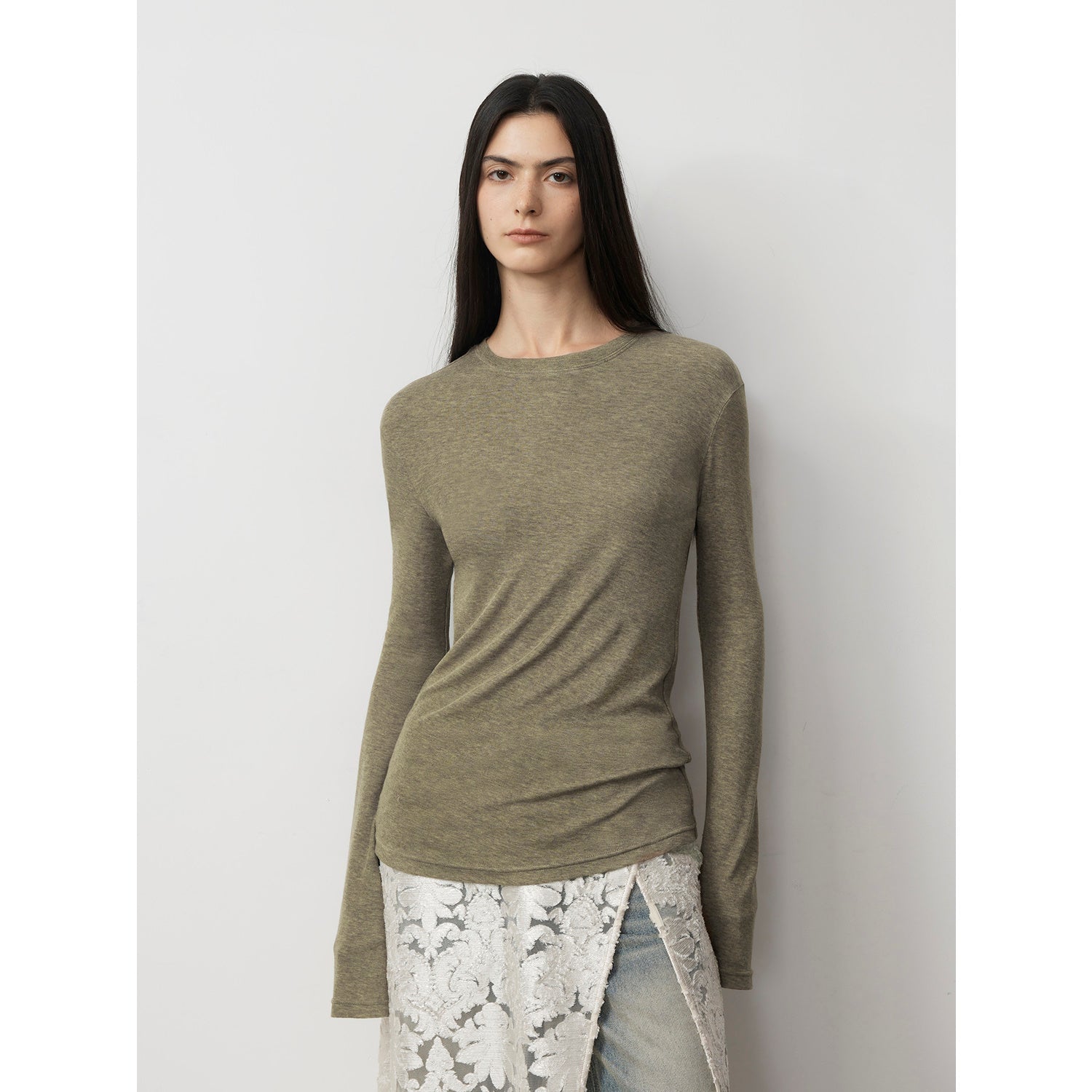 Lyocell wool stretch comfortable breathable fit minimalist solid color long - sleeved T-shirt - variant_title