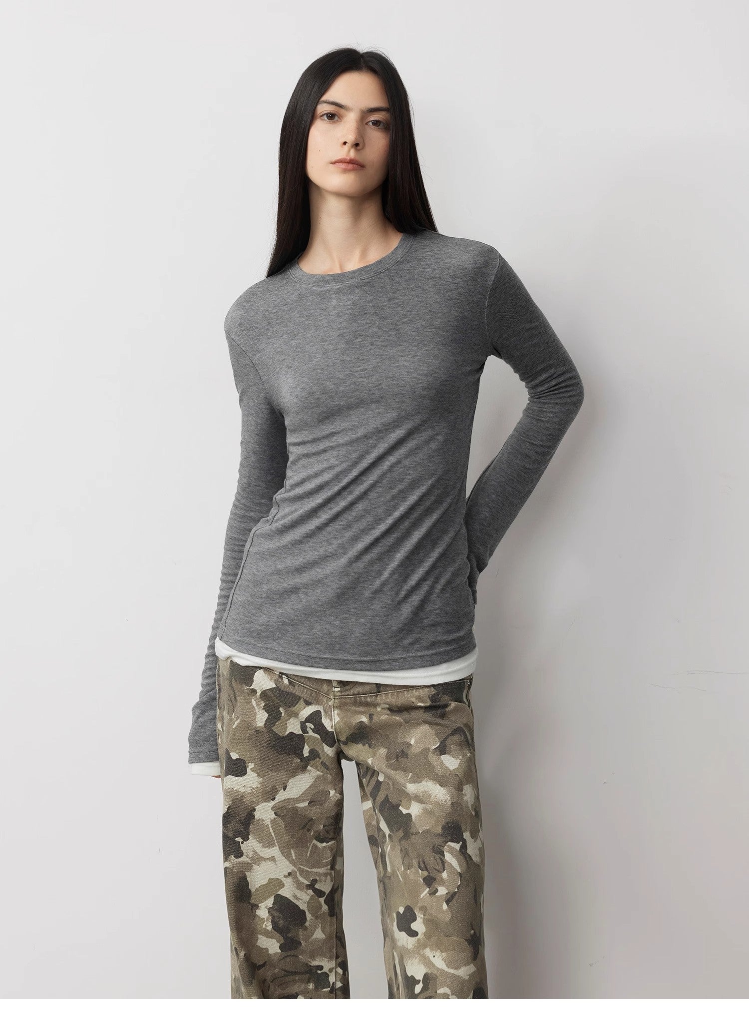Lyocell wool stretch comfortable breathable fit minimalist solid color long - sleeved T-shirt - variant_title